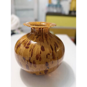 Vintage Italian Art Glass Vase Amber Brown Tortoiseshell Murano Style Bulbous Ha
